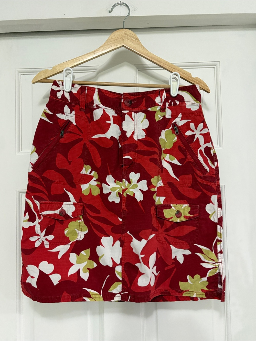 Bright Red Floral Utility Midi Skirt